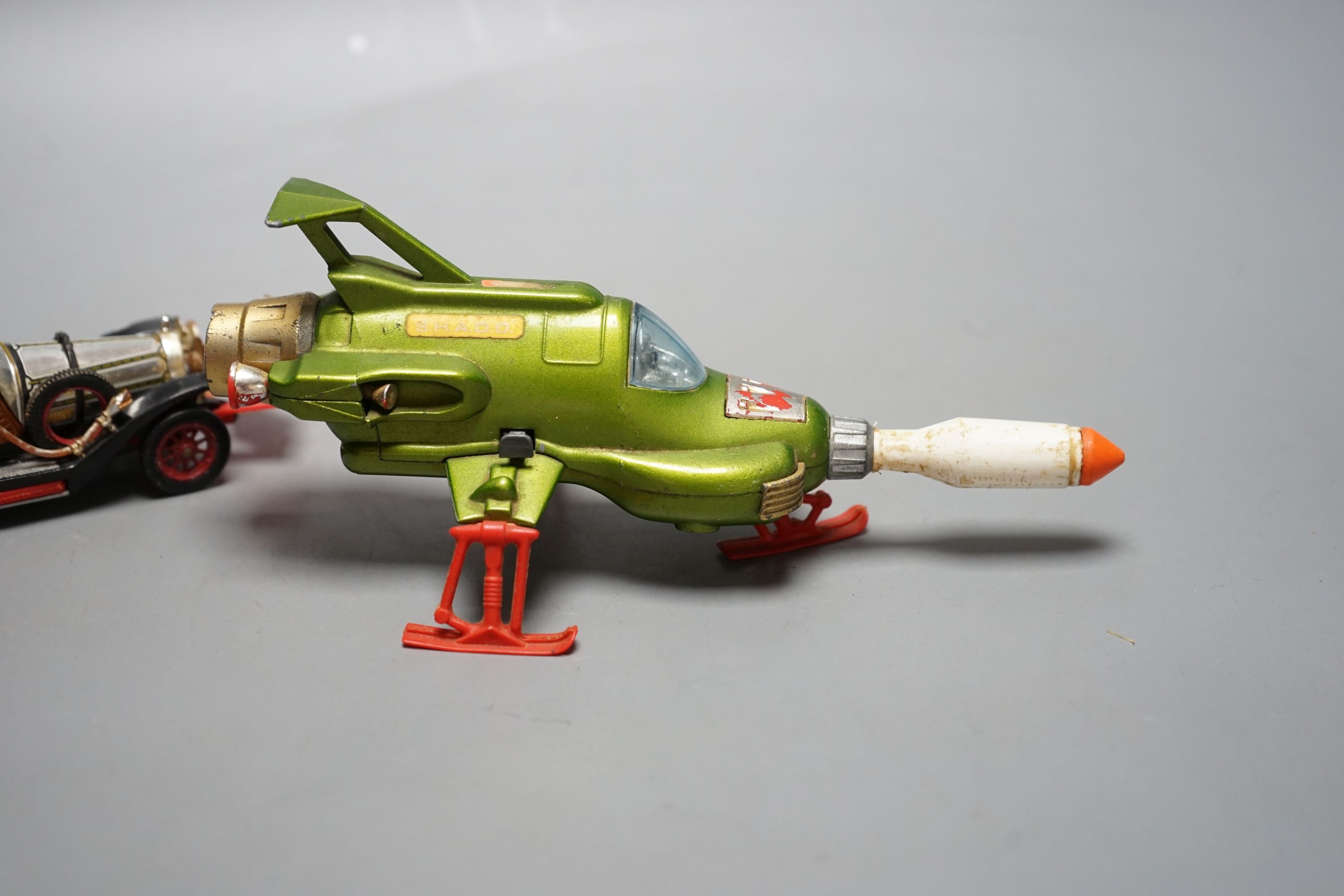 Vintage Dinky Toy “Chitty Chitty Bang Bang” with figures and “UFO Interceptor”, 19.5 cms long.
